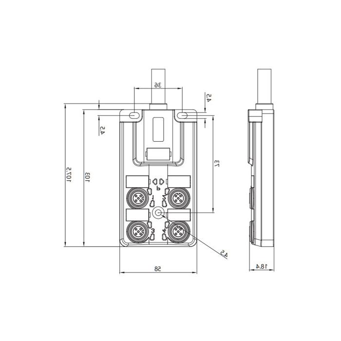 M12 junction box, dual channel, Without LED, 4-port integrated, PUR flexible cable, black sheath, 24W481-XXX